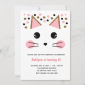 ピンクブラック金ゴールドグリッターキャット誕生日 招待状 (正面)