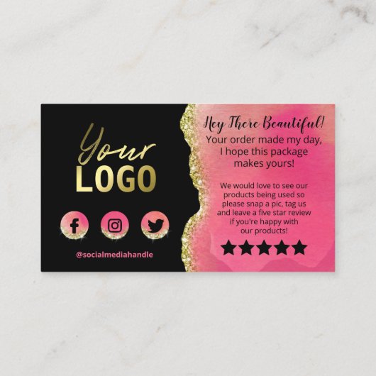 ピンクブラック金ゴールドグリッターフォイルエーゲートありがとう 名刺 (裏面)