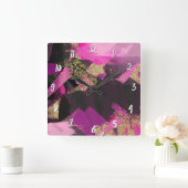 ピンクブラック金ゴールドグリッターモダンブラシグラグランジム スクエア壁時計 (ホーム)