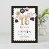ピンクブラック金ゴールドスウィート16ストライプのバースデーパーティー 招待状 (スタンド正面)