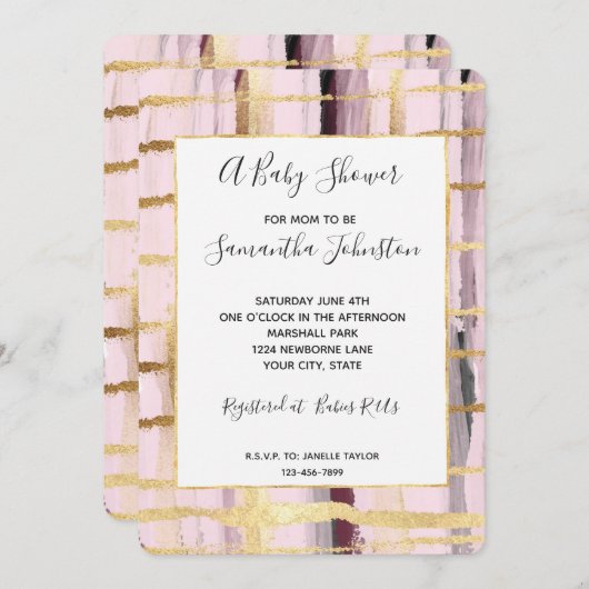 ピンクブラック金ゴールドストライプベビーシャワー 招待状 (正面/裏面)