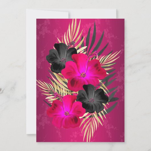 ピンクブラック金ゴールドパームスハイビスカスダマスクパーティー 招待状 (裏面)