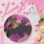 ピンクブラック金ゴールドモダングリッターブラシグラムグランジ ペーパープレート (パーティー)