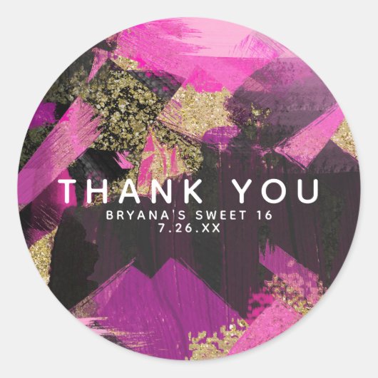 ピンクブラック金ゴールドモダングリッターブラシグラムグランジ ラウンドシール (正面)