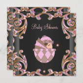 ピンクブラック金ゴールドレースガールベビーシャワー 招待状 (正面/裏面)