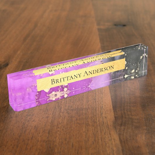 ピンクブラック金ゴールド抽象芸術アルコールインク デスクネームプレート (側面)