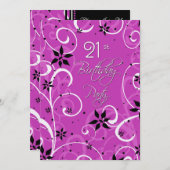 ピンクブラック21歳誕生日パーティの招待状カード 招待状 (正面/裏面)