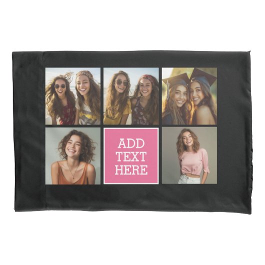 ピンクブラック5フォトコラージュと文字 枕カバー (正面)