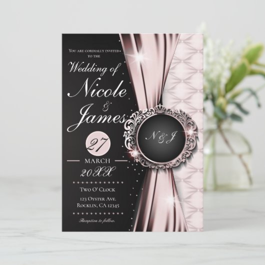 ピンクブラック&ホワイトエレガントラグジュアリー結婚ズまたはイベント 招待状 (スタンド正面)