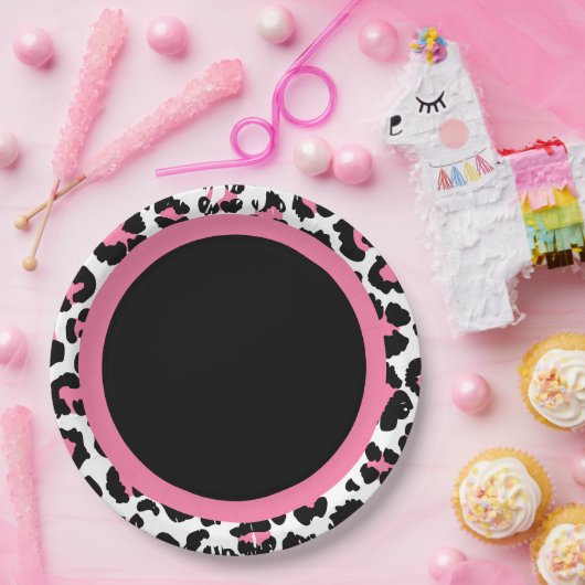ピンクブラック&ホワイトチータプリント ペーパープレート (パーティー)