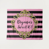 ピンクブラック&金ゴールドストライプのバースデーパーティーの背景 タペストリー (正面(横))