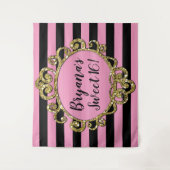 ピンクブラック&金ゴールドストライプのバースデーパーティーの背景 タペストリー (正面)