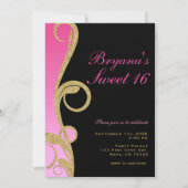 ピンクブラック&金ゴールドモダンスワールスウィート16パーティー 招待状 (正面)