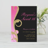 ピンクブラック&金ゴールドモダンスワールスウィート16パーティー 招待状 (スタンド正面)