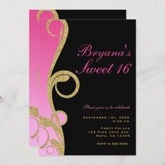 ピンクブラック&金ゴールドモダンスワールスウィート16パーティー 招待状 (正面/裏面)