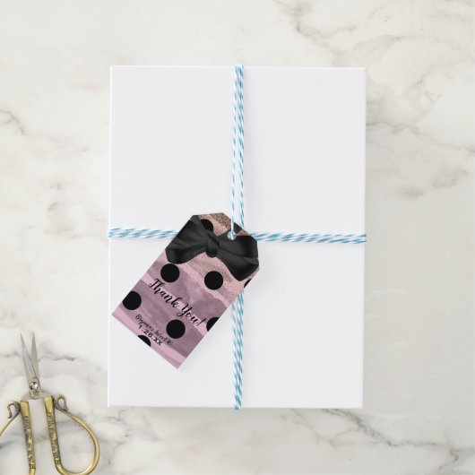 ピンクブラック&金ゴールド水玉模様シックボウグラムパーティー ギフトタグ (より糸付き)