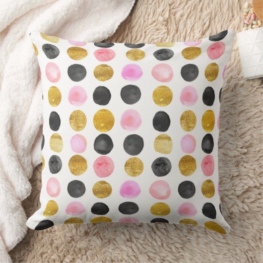 ピンクブラック&金ゴールド水玉模様装飾用クッション クッション (ブランケット)
