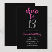 ピンクブラック 13歳の誕生日パーティー おめでとう 招待状 (正面/裏面)