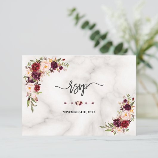 ピンクブルガンディマルサラフローラ金ゴールド結婚大理石 出欠カード (スタンド正面)