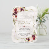 ピンクブルガンディマルサラフローラ金ゴールド結婚大理石 招待状 (スタンド正面)