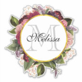 ピンクブルゴーニュとグリーン花模様モノグラム シール (正面)