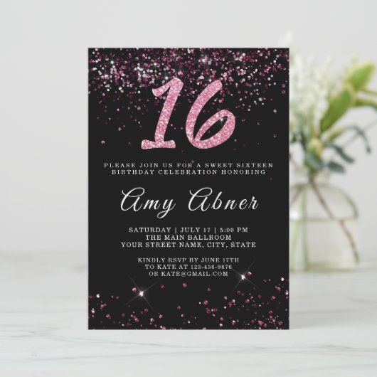 ピンクブルゴーニュグリッタースパークルズ16誕生日 招待状 (スタンド正面)