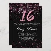 ピンクブルゴーニュグリッタースパークルズ16誕生日 招待状 (正面/裏面)