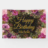 ピンクブルゴーニュグリッターブラックハッピーバースデー名 横断幕 (横)