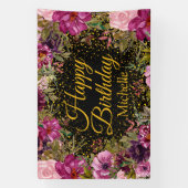 ピンクブルゴーニュグリッターブラックハッピーバースデー名 横断幕 (縦)