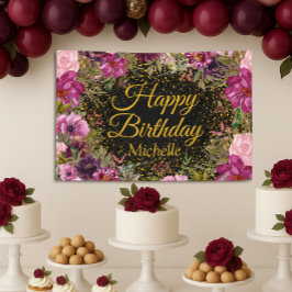 ピンクブルゴーニュグリッターブラックハッピーバースデー名 横断幕