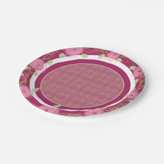 ピンクブルゴーニュバラアンドグリーン紙プレート ペーパープレート (アングル)