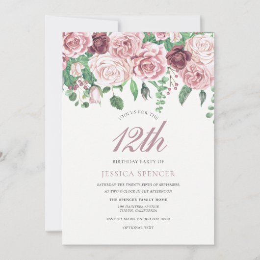 ピンクブルゴーニュバラ12日13日14日バースデーパーティー 招待状 (正面)