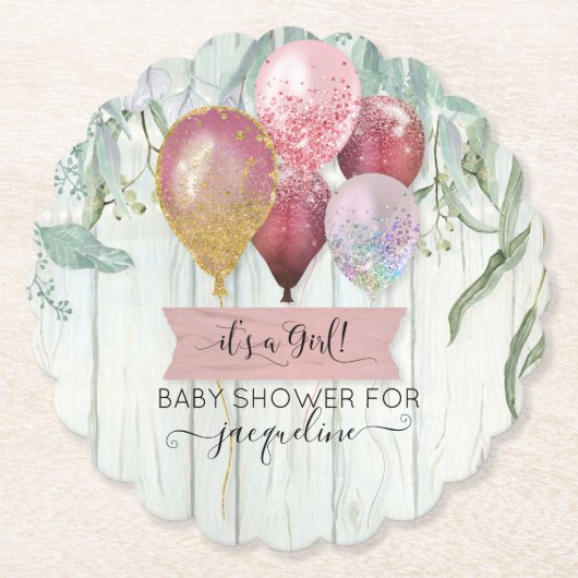 ピンクブルゴーニュバルーンウッド素朴ベビーガールシャワー ペーパーコースター (正面)