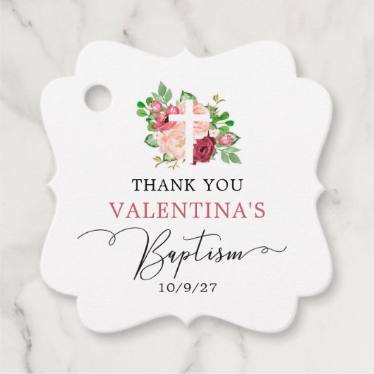 ピンクブルゴーニュフローラガールバプテスマメッセージカード フェイバータグ (正面)