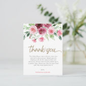 ピンクブルゴーニュフローラガールベビーシャワーありがとう ポストカード (スタンド正面)