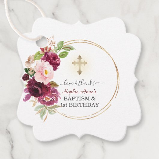 ピンクブルゴーニュフローラガール1st誕生日とバプテスマ フェイバータグ (正面)