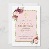 ピンクブルゴーニュフローラガール1st誕生日とバプテスマ 招待状 (正面)