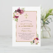ピンクブルゴーニュフローラガール1st誕生日とバプテスマ 招待状 (スタンド正面)