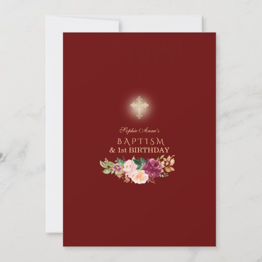 ピンクブルゴーニュフローラガール1st誕生日とバプテスマ 招待状 (裏面)