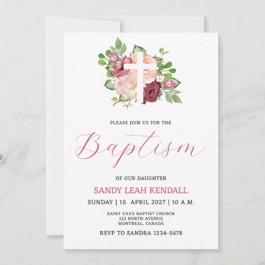 ピンクブルゴーニュフローラクロスガールバプテスマ招待状 招待状 (正面)