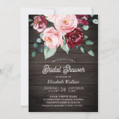 ピンクブルゴーニュフローラフォトウッドブライダルシャワー 招待状 (正面)