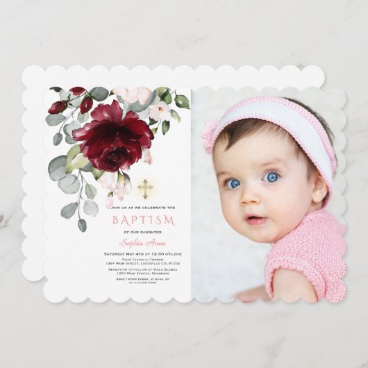 ピンクブルゴーニュフローラフォトガール金ゴールドクロスバプテスマ 招待状 (正面/裏面)