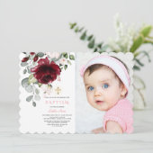 ピンクブルゴーニュフローラフォトガール金ゴールドクロスバプテスマ 招待状 (スタンド正面)