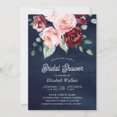 ピンクブルゴーニュフローラフォトネイビーブルーブライダルシャワー 招待状 (正面)