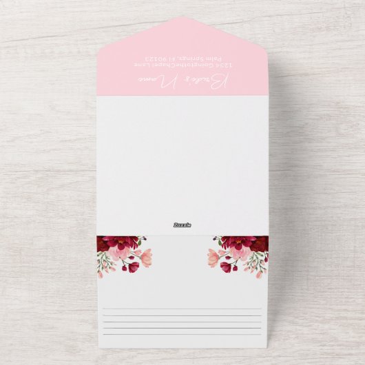 ピンクブルゴーニュフローラブライダルシャワーとレシピ オールインワン招待状 (外側)