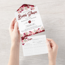 ピンクブルゴーニュフローラブライダルシャワーとレシピ オールインワン招待状