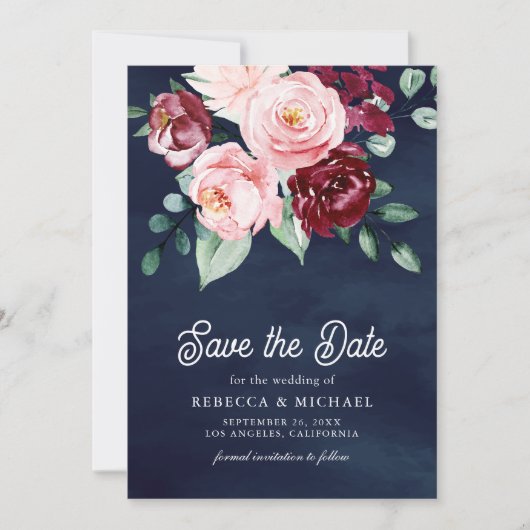 ピンクブルゴーニュフローラ写真ネイビー結婚ブルー セーブザデート (正面)