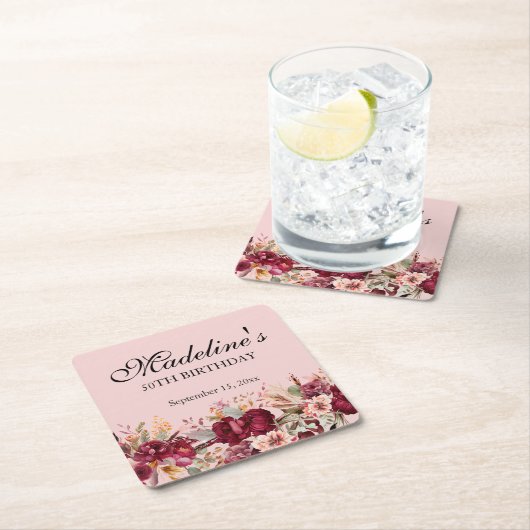 ピンクブルゴーニュフローラ女子50誕生日 スクエアペーパーコースター (インサイチュ)