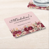 ピンクブルゴーニュフローラ女子50誕生日 スクエアペーパーコースター (アングル)