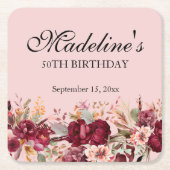 ピンクブルゴーニュフローラ女子50誕生日 スクエアペーパーコースター (正面)